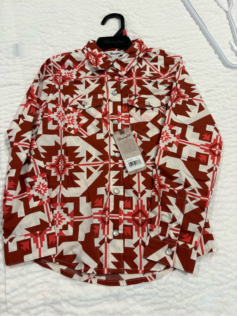 Wrangler Girls Red, White & Pink Geometric Button-Down Pearl snap Shirt